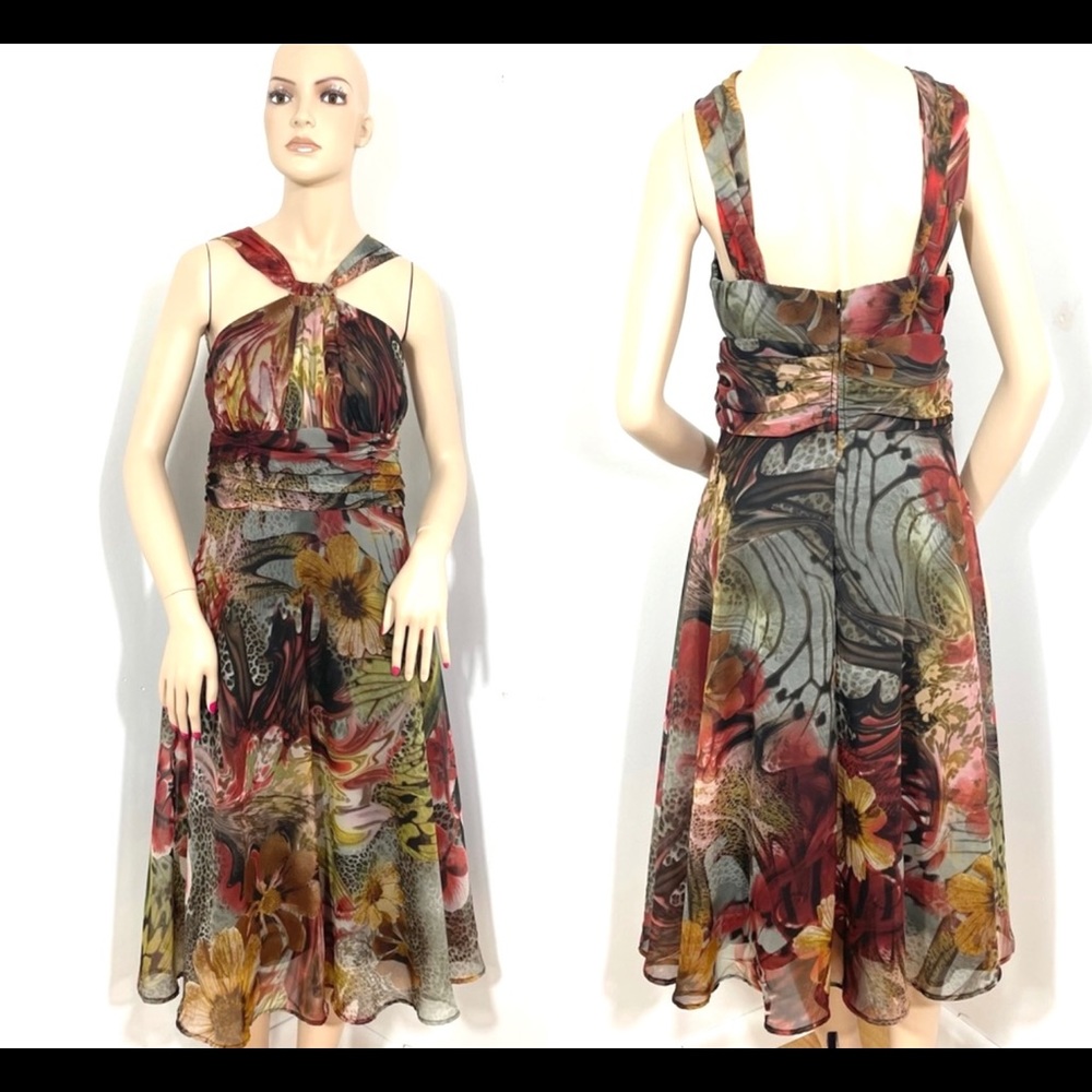 🦋Connected Apparel Multi Floral Burgundy Midi Dress women’s size 10